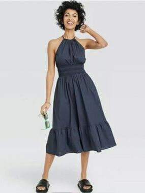 Navy Blue Poplin Ruffled Midi Dress